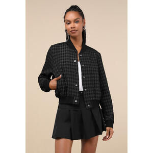 Lulus Coolest Forecast Black Houndstooth Jacquard Bomber Jacket - Size XL